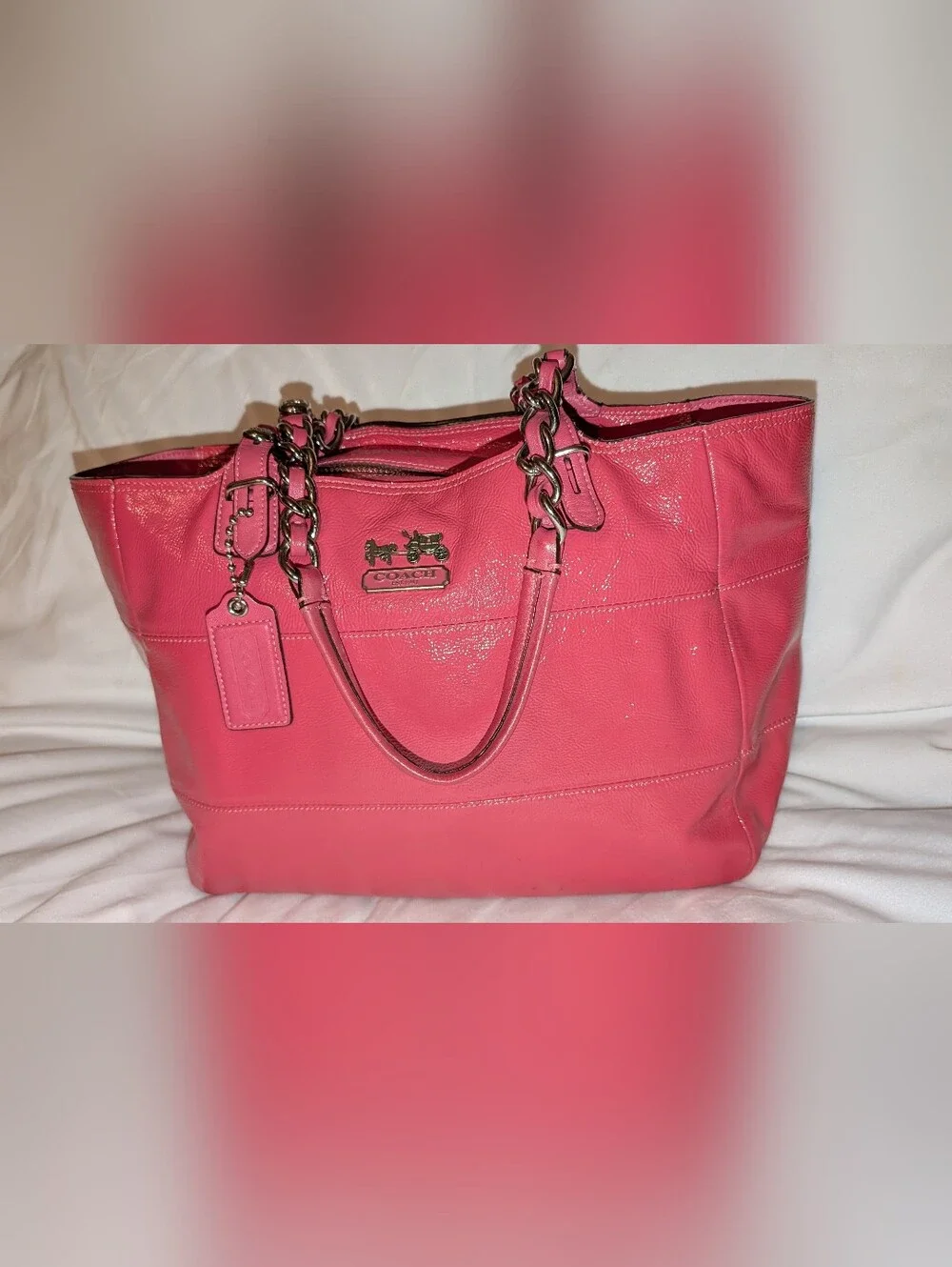 Coach Madison Tribeca Patent Leather Tote Bag Chain Strap Pink Silver VGUC - Picture 3 of 14